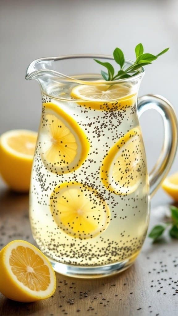 Chia Seed Lemonade with lemon slices and chia seeds in a pitcher