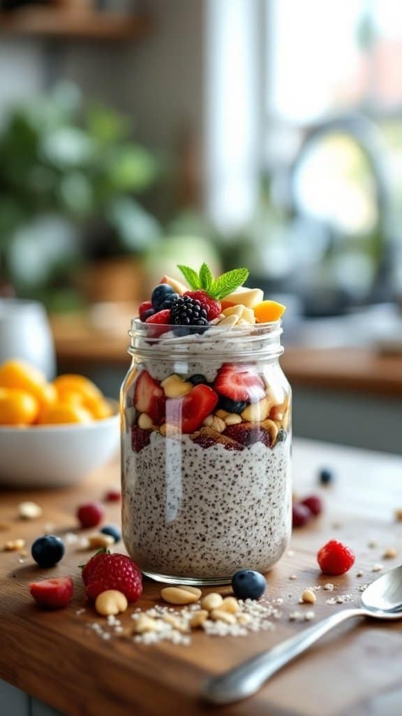 A jar of chia seed pudding topped with various fresh fruits and nuts, placed on a wooden countertop.
