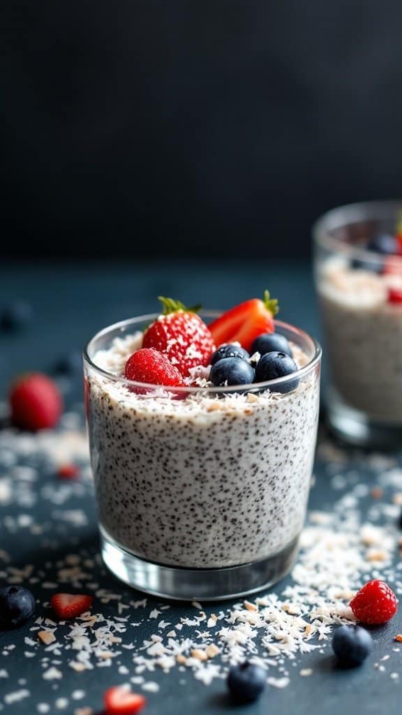 Chia seed pudding topped with strawberries, blueberries, and coconut flakes in a clear glass.