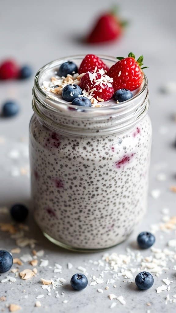 Chia seed pudding topped with strawberries, blueberries, and coconut flakes in a jar.
