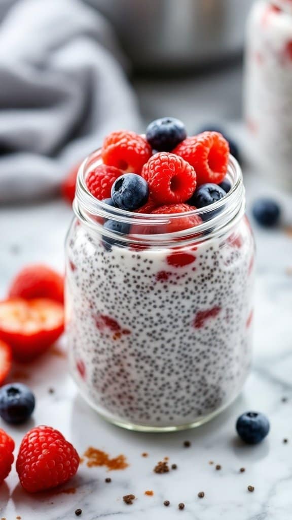 Chia seed pudding with raspberries and blueberries in a jar
