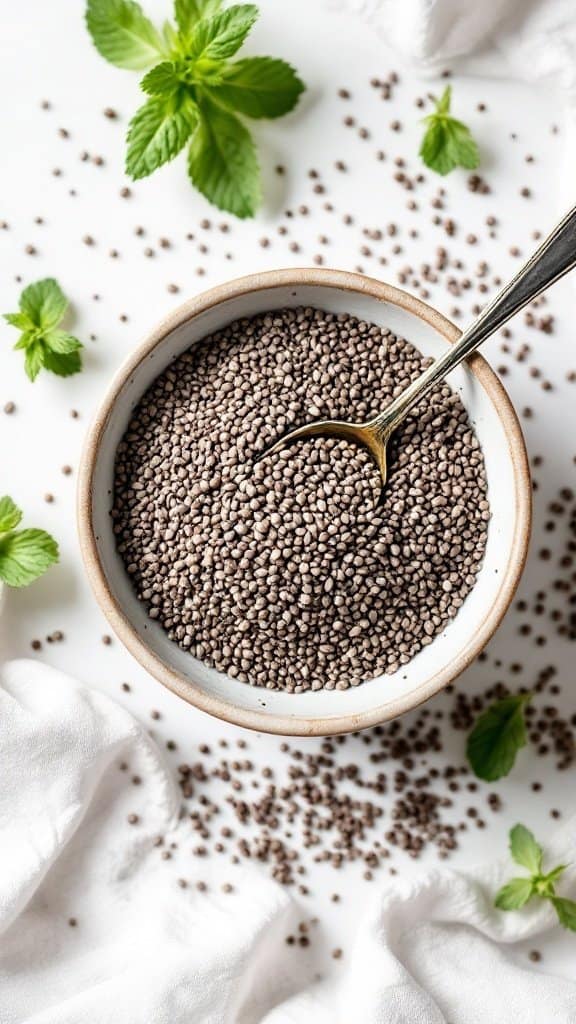 A bowl filled with chia seeds, surrounded by fresh mint leaves.