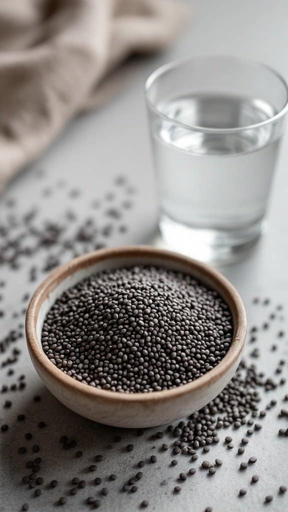 A bowl of chia seeds with a glass of water, showcasing a healthy snack option.