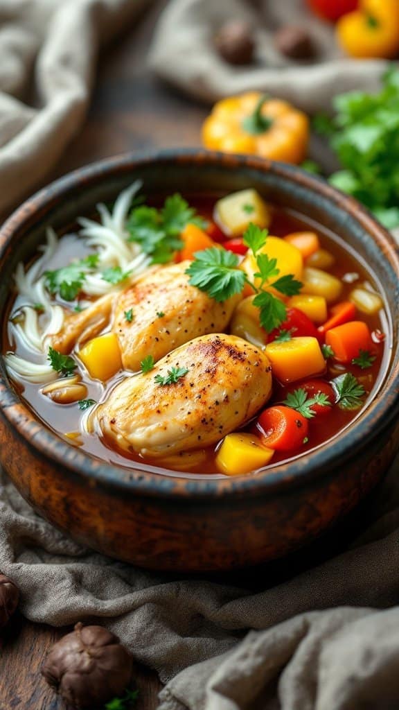 A bowl of chicken and vegetable broth with colorful veggies and chicken breasts garnished with parsley.