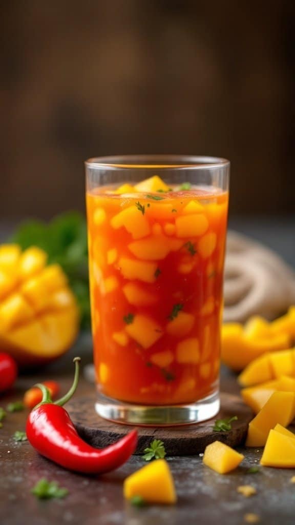 A glass of chili and mango salsa juice with chunks of mango and chili peppers around it