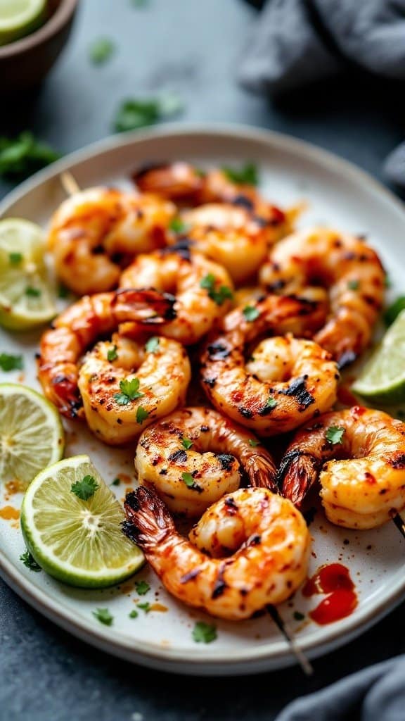 Grilled shrimp on a plate with lime slices and cilantro