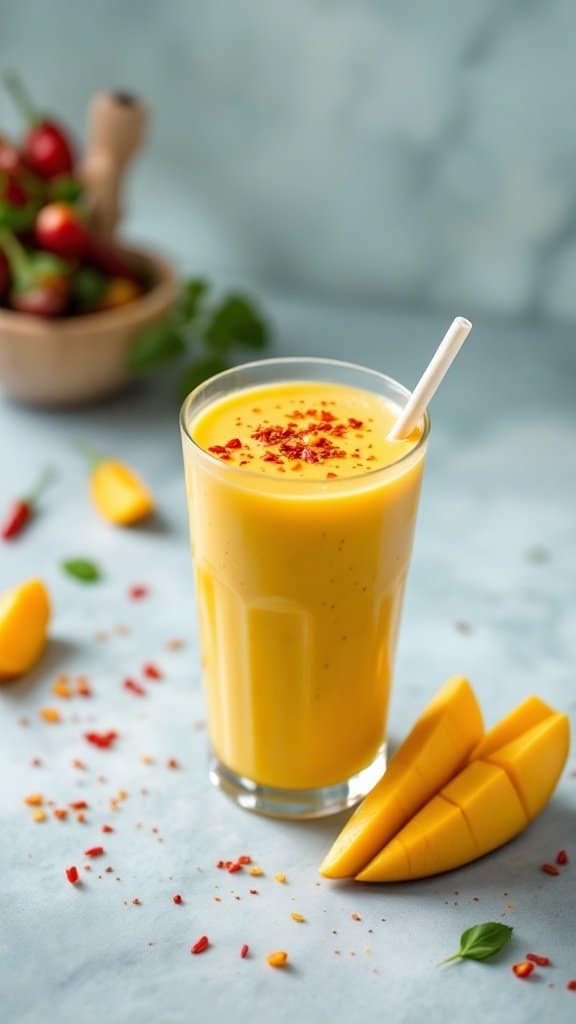 A bright and creamy chili mango smoothie garnished with chili flakes, alongside fresh mango slices.