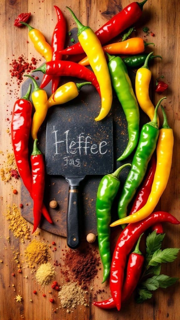 A vibrant assortment of chili peppers on a wooden surface with spices, showcasing their natural colors and potential health benefits.