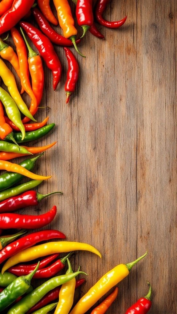 A colorful assortment of chili peppers on a wooden surface