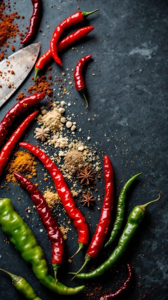 An assortment of chili peppers and spices on a dark surface with a knife.