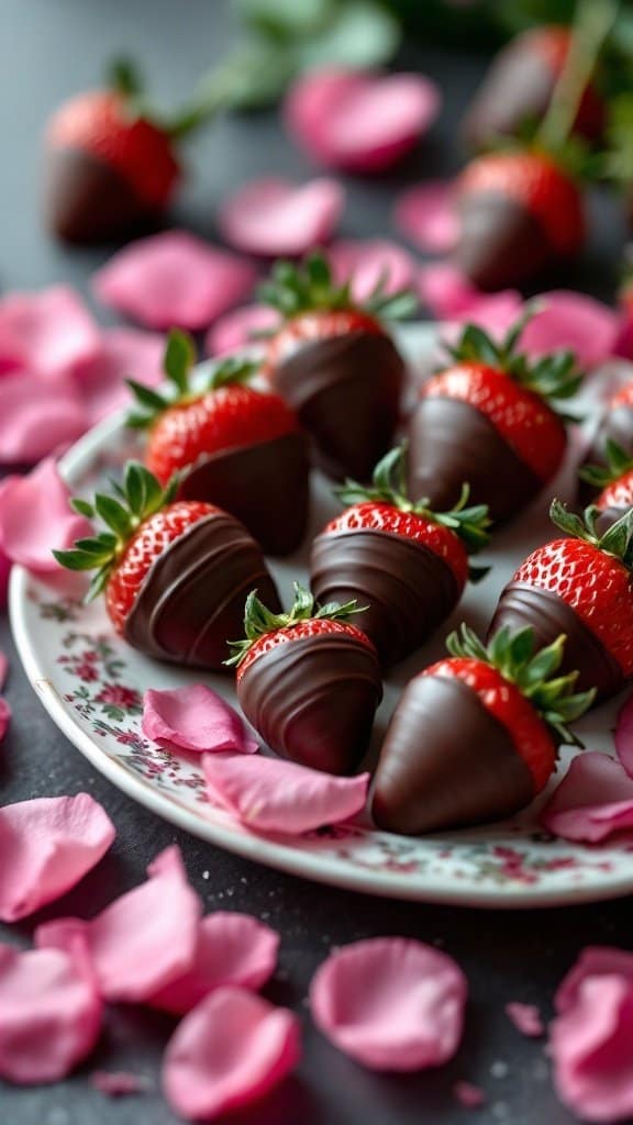 A plate of chocolate-dipped strawberries surrounded by pink rose petals.