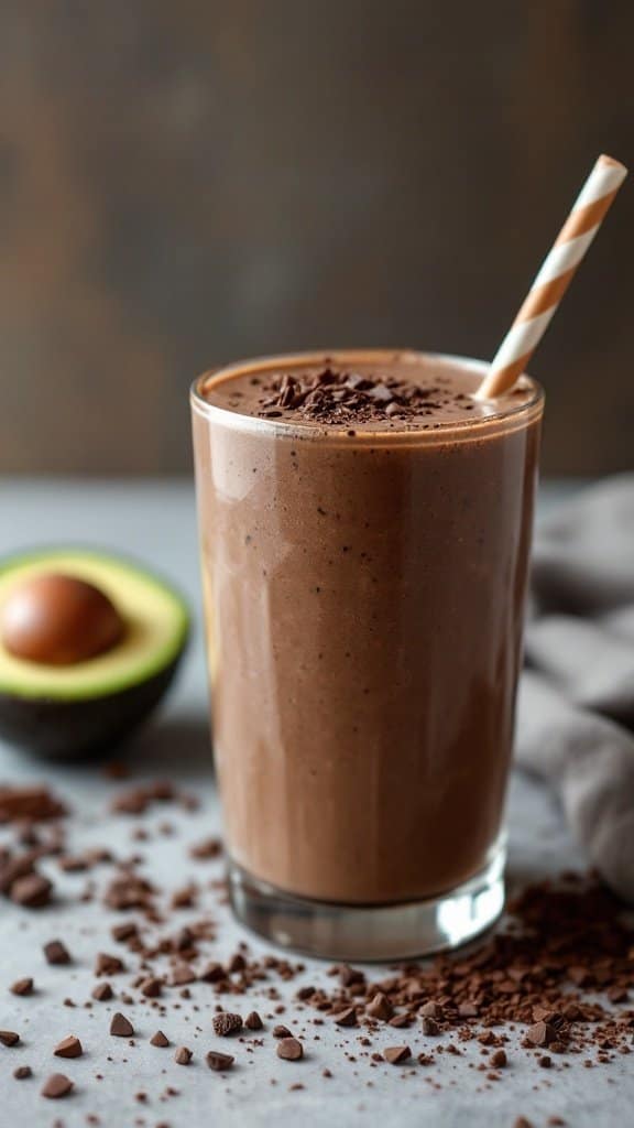 A creamy chocolate avocado smoothie in a glass, topped with chocolate shavings, with an avocado half beside it