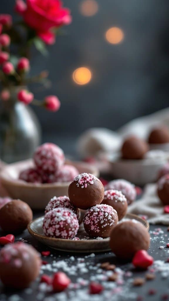 A plate of chocolate protein balls decorated with pink and white sprinkles, surrounded by roses and soft lighting.