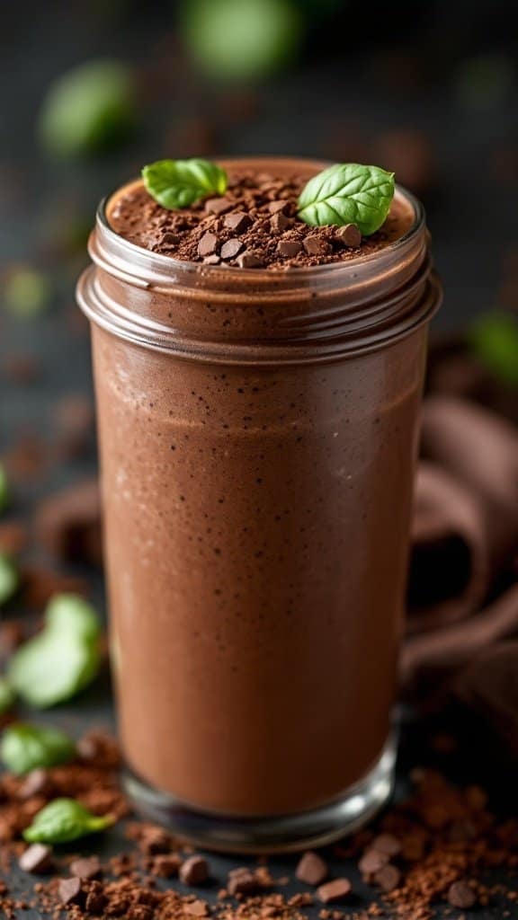 A delicious chocolate protein smoothie topped with chocolate shavings and mint leaves in a glass jar.