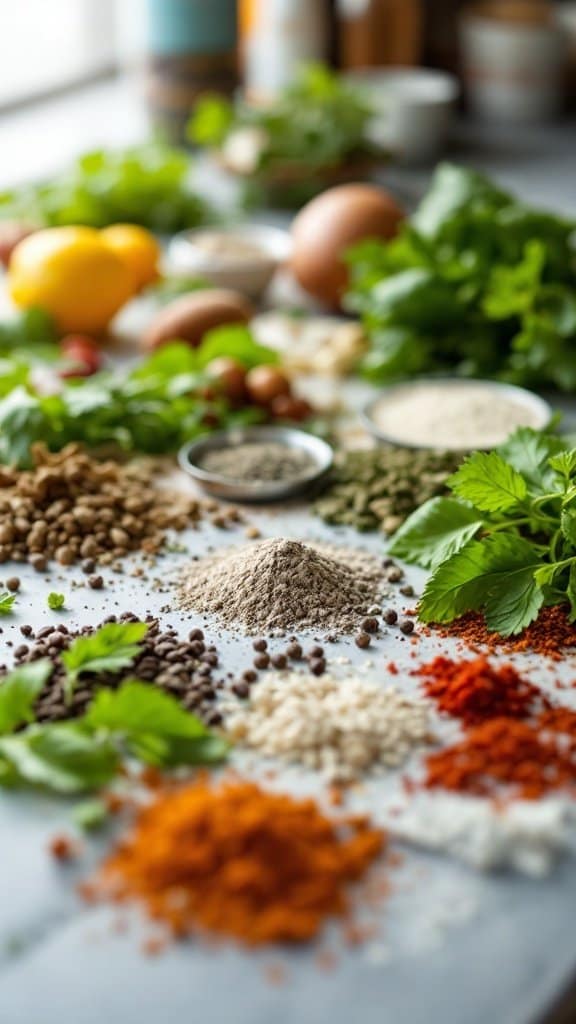 An assortment of fresh herbs and various spices arranged on a light surface, ready for adding flavor to dishes.