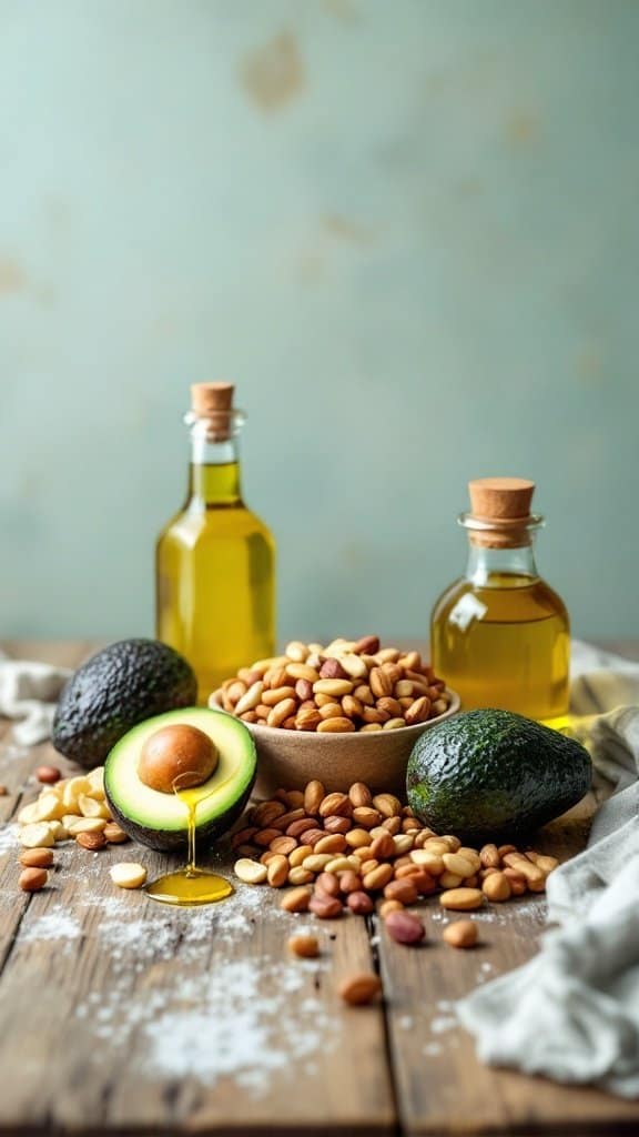 Healthy fats including avocados, nuts, and oil displayed on a wooden table.