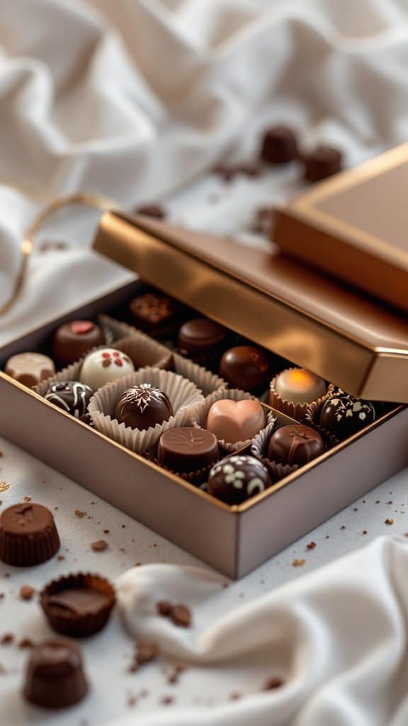 An assortment of chocolates in an elegant box, showcasing rich textures and designs.