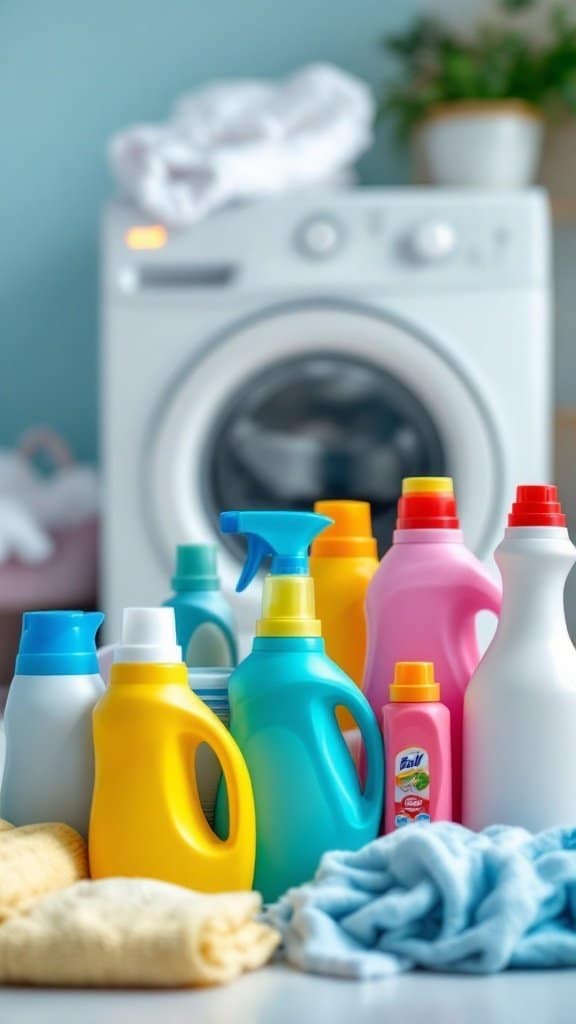 Various laundry detergents and a washing machine in the background.