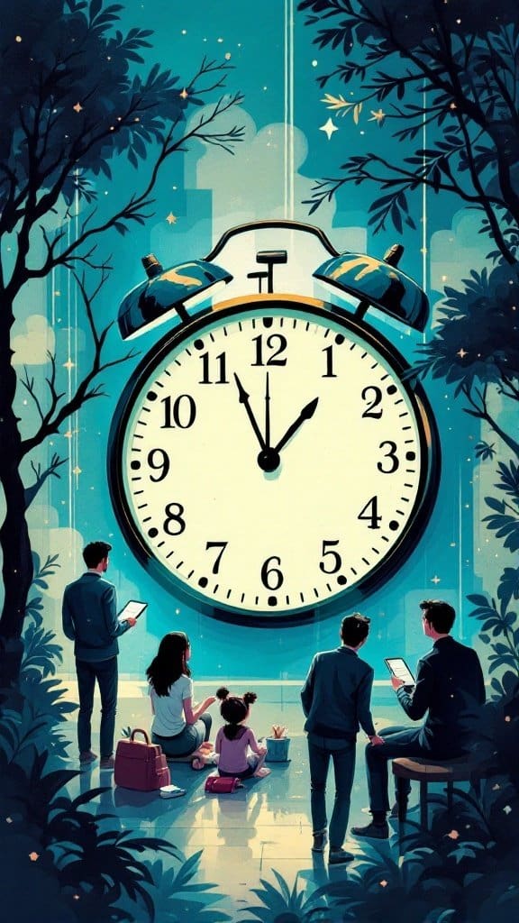 An illustration of a large clock surrounded by people in a peaceful setting.
