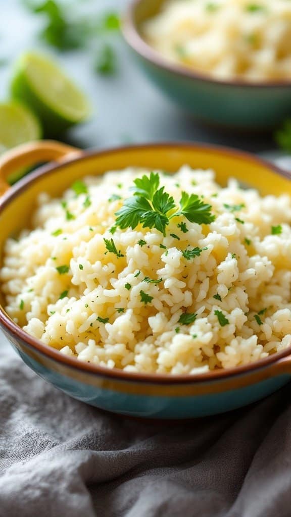 Bowl of cilantro lime cauliflower rice garnished with fresh cilantro