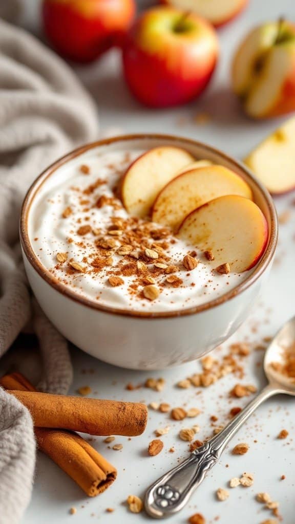 A bowl of Cinnamon Apple Oatmeal Smoothie topped with apple slices, oats, and cinnamon sticks.