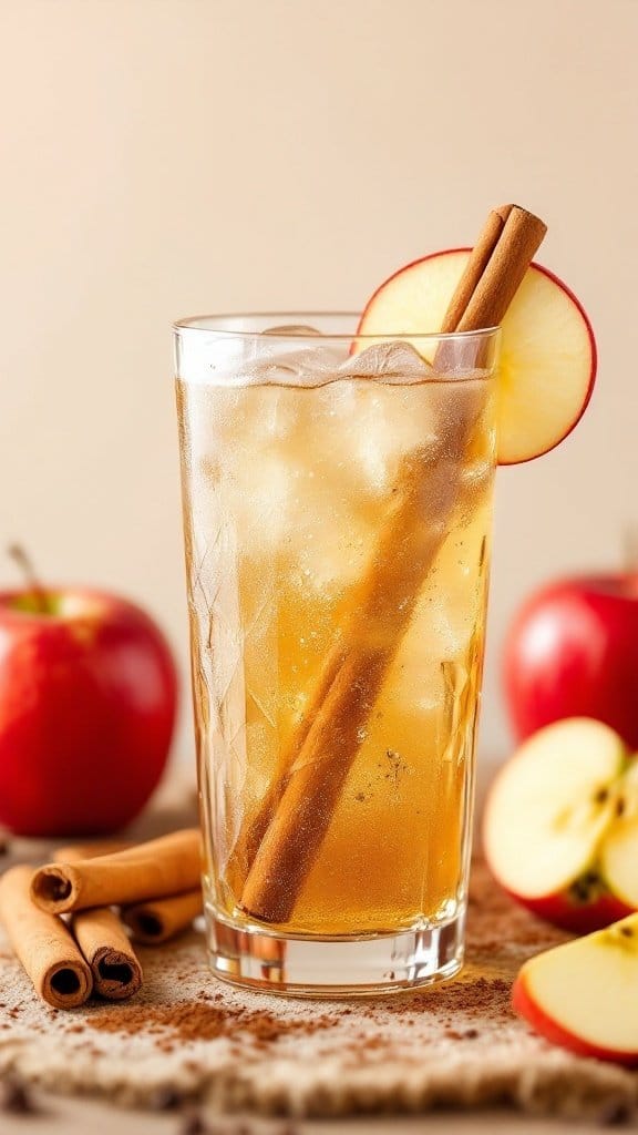 A glass of Cinnamon Apple Sparkler with ice, garnished with apple slices and a cinnamon stick, surrounded by fresh apples.