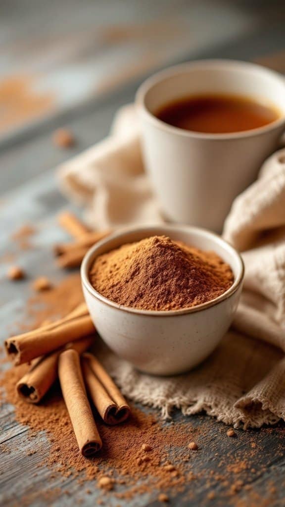 A bowl of ground cinnamon, cinnamon sticks, and a cup of tea on a wooden table.
