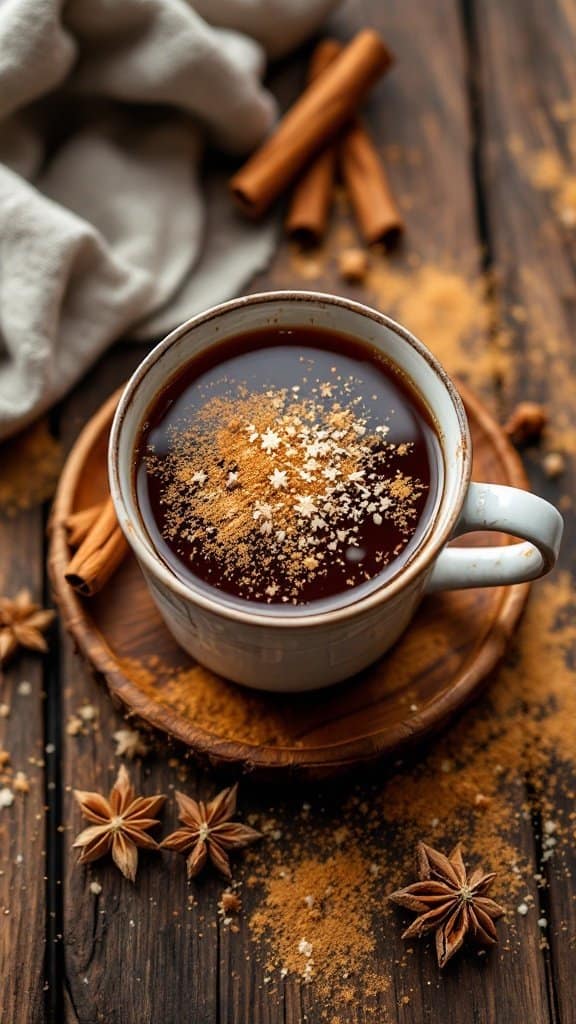 A cozy cup of cinnamon tea surrounded by cinnamon sticks and spices.
