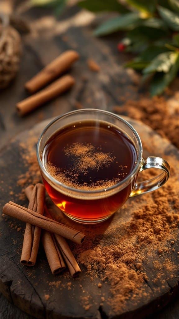 A cup of cinnamon tea with cinnamon sticks and powder on a wooden surface.