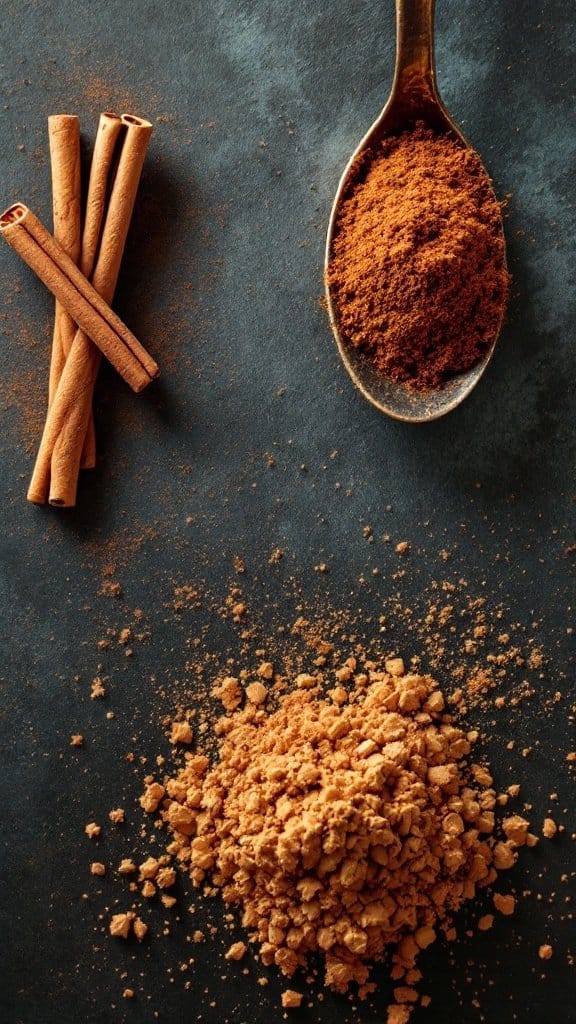 Cinnamon sticks and ground cinnamon on a dark surface
