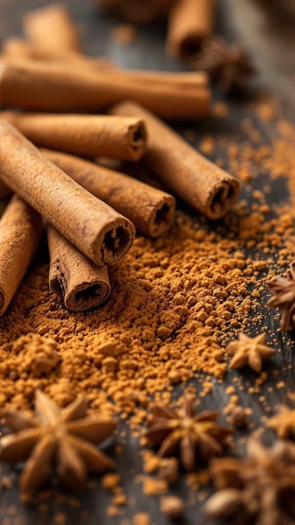 Cinnamon sticks and ground cinnamon on a wooden surface
