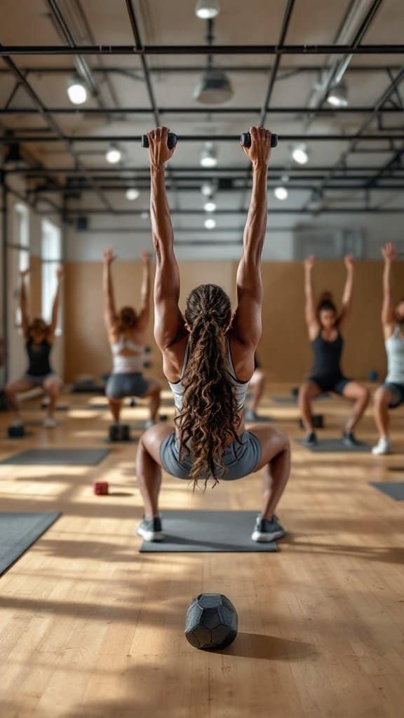 A group of individuals performing circuit training exercises in a gym, focusing on bodyweight workouts and weights.