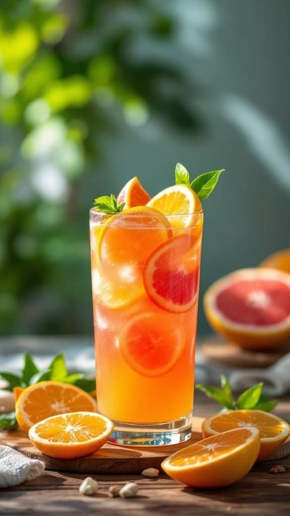 A refreshing drink made with orange and grapefruit slices, garnished with mint leaves, served in a tall glass.