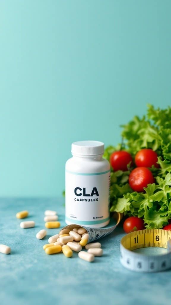 CLA capsules next to fresh vegetables and a measuring tape, symbolizing weight loss and body composition improvement