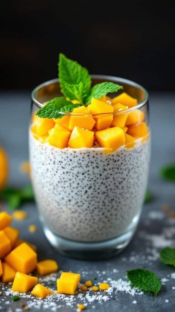 A glass of coconut chia seed pudding topped with fresh mango cubes and mint leaves, with some mango pieces scattered around.