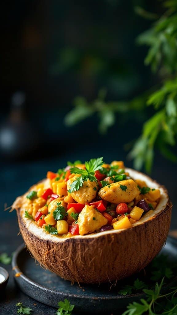 Coconut Curry Chicken with vegetables served in a coconut shell