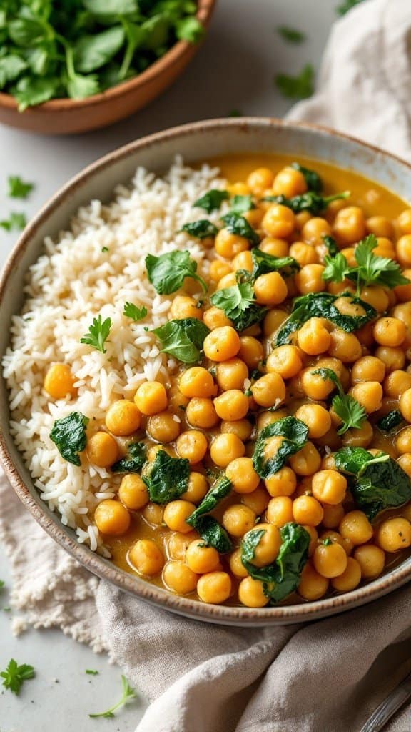 A bowl of coconut curry chickpeas served with white rice and garnished with spinach.