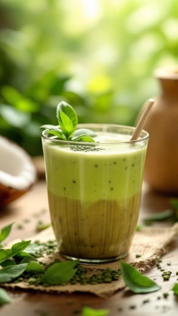 A layered coconut green tea smoothie in a glass, garnished with mint leaves, surrounded by fresh green elements.