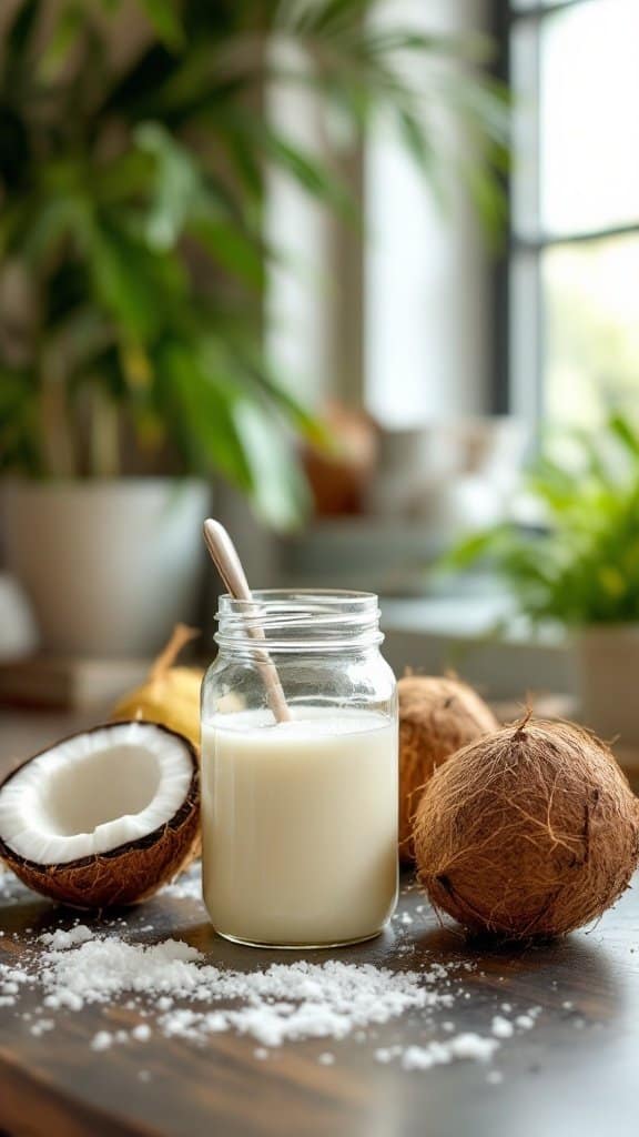 A jar of coconut oil next to whole coconuts and salt on a wooden surface, with green plants in the background.
