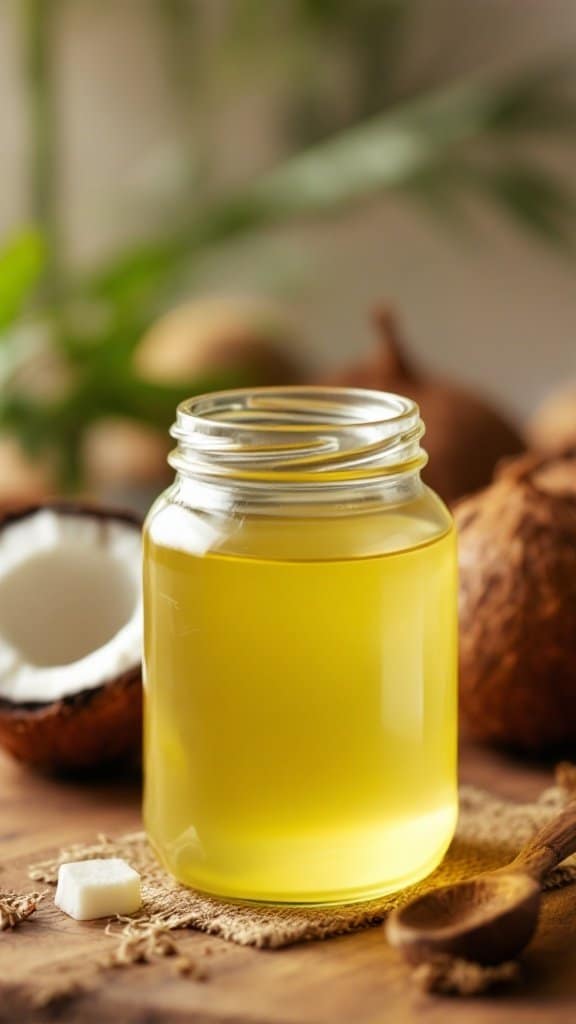 A jar of coconut oil on a wooden surface, surrounded by fresh coconuts and a wooden spoon