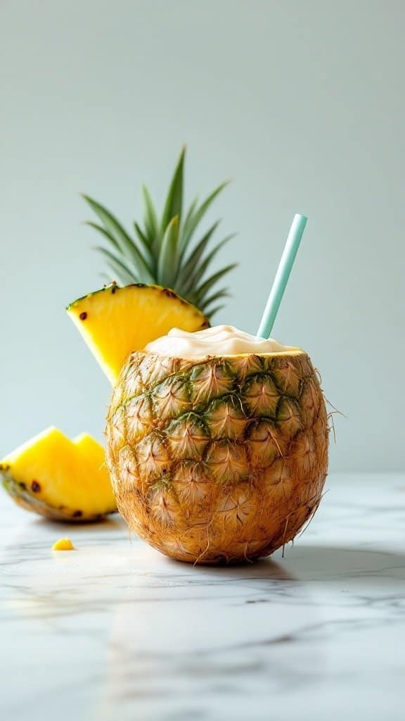 A refreshing drink served in a hollowed pineapple with a straw, surrounded by fresh pineapple slices.
