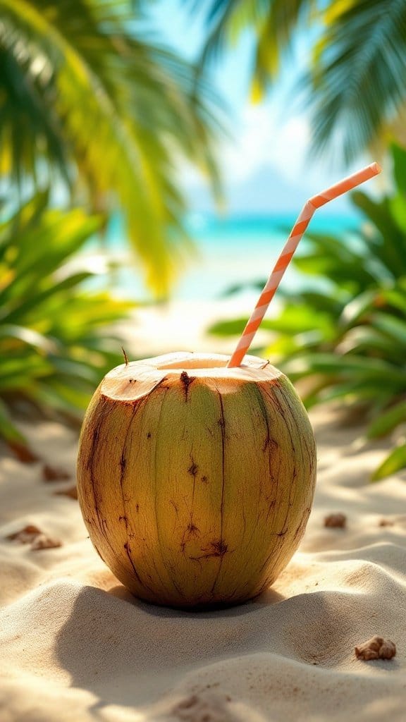 A fresh coconut with a straw on a sandy beach surrounded by green palm leaves.