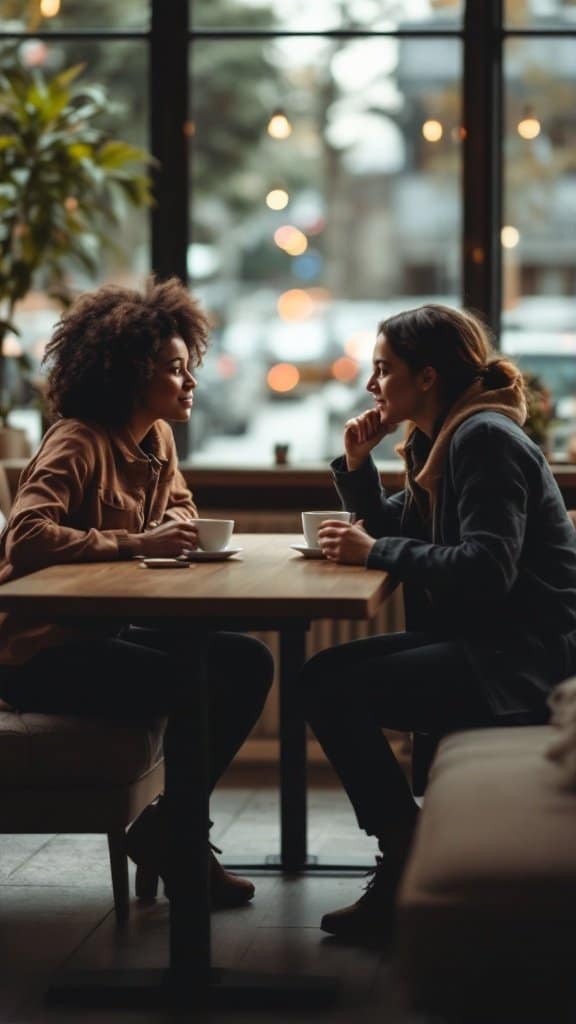 Two friends having a deep conversation over coffee at a cafe.