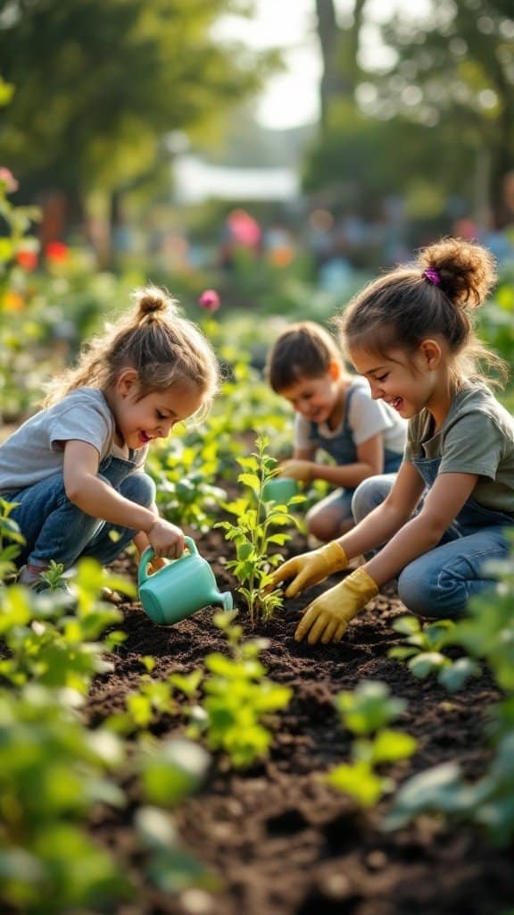 Children planting seedlings in a community garden