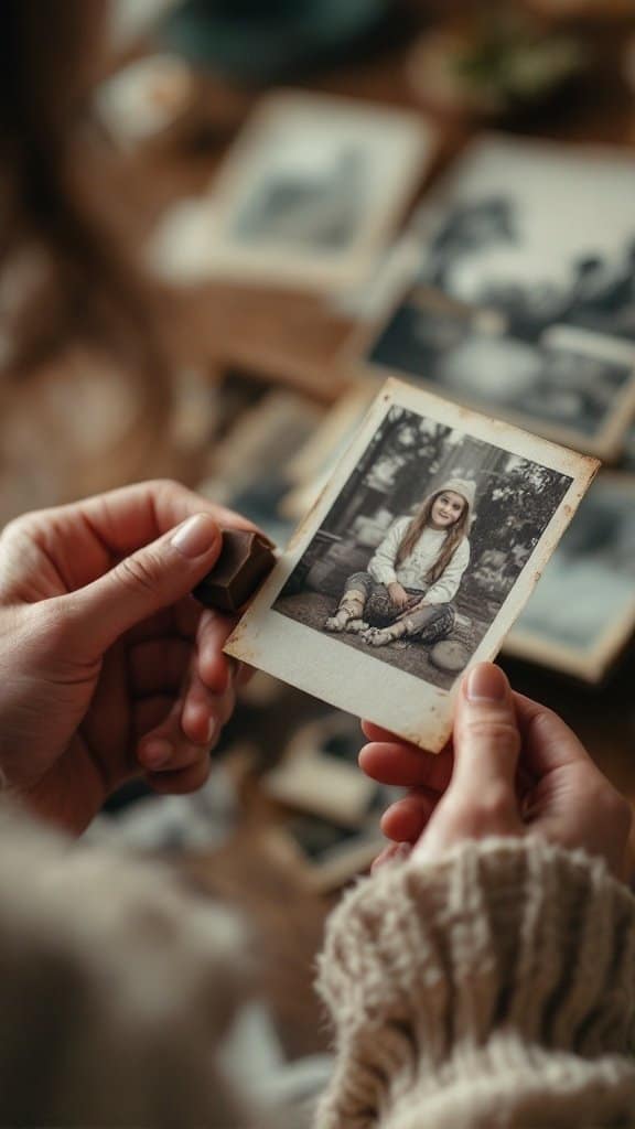 A person holding a vintage photograph while looking at other photos on a table.