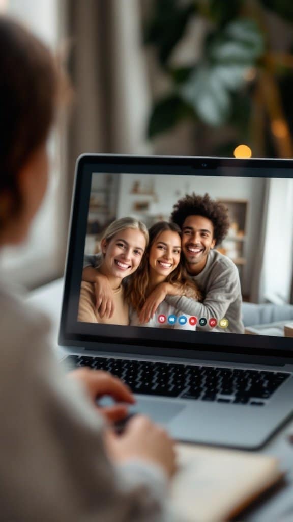 A person on a laptop video call with three smiling friends.