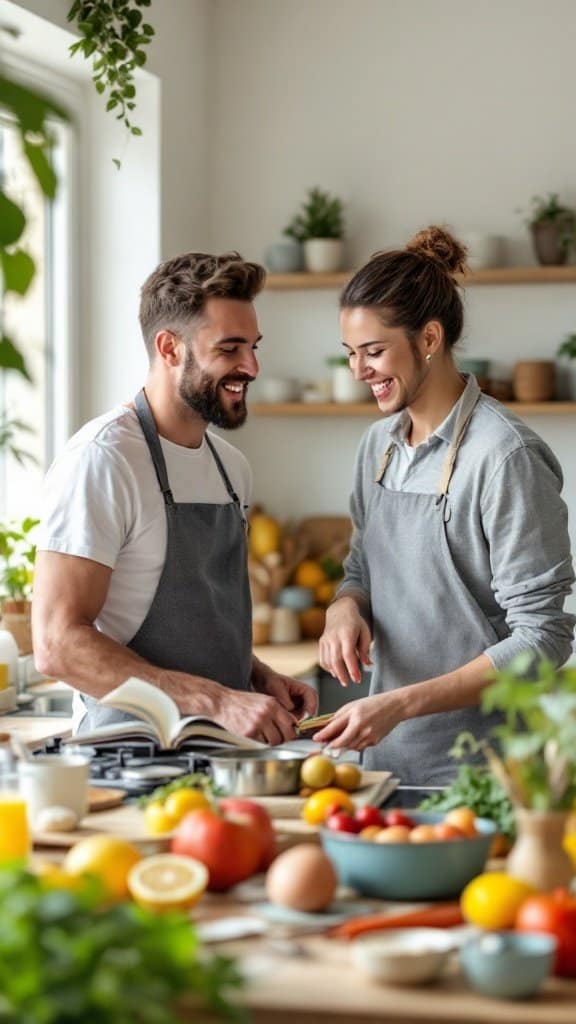 A couple cooking together in a bright, cozy kitchen, smiling and sharing a recipe.