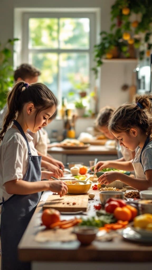 Children participating in a cooking class, focused on preparing simple recipes in a bright kitchen.