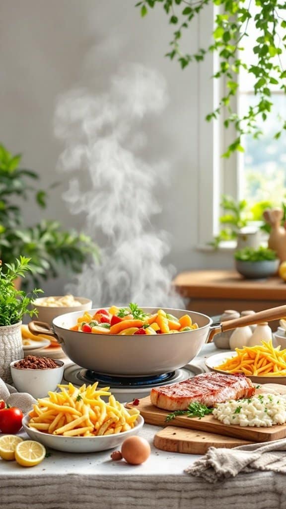 A colorful display of cooking ingredients with steaming vegetables in a pan, showcasing healthy cooking methods.