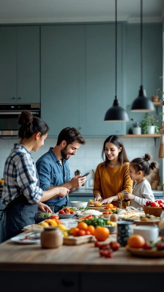 A group cooking together in a kitchen, engaged in a video call.